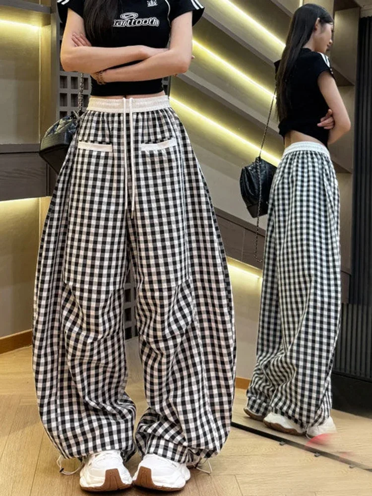 Pantaloni scozzesi retrò Harajuku Pantaloni larghi casual a vita alta da donna Streetwear Pantaloni larghi vintage americani Bf Novità