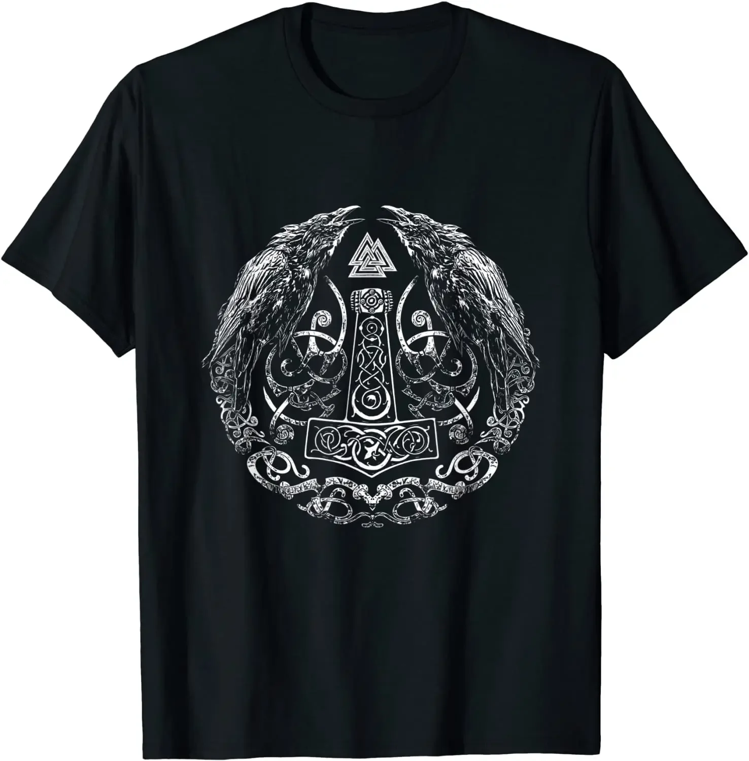 Odin\'s Raven Huginn and Muninn Thor Hammer Norse Myth Runes T-Shirt 100% Cotton O-Neck Summer Short Sleeve Casual Mens T-shirt