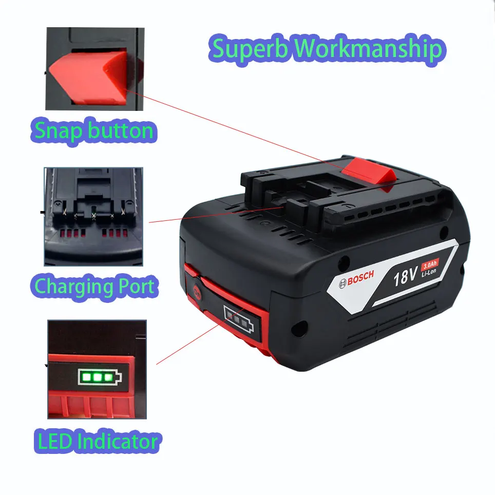 18V Battery 3.0Ah for Bosch Electric Drill 18V Rechargeable Li-ion Battery BAT609, BAT609G, BAT618, BAT618G, BAT614 + 1Charger