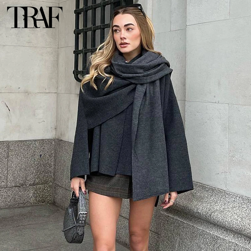 TRAF Asymmetric Plush Jacket Women Long Sleeve Padded Jackets for Women 2024 Warm Winter Coat Female New in Coats and Jackets