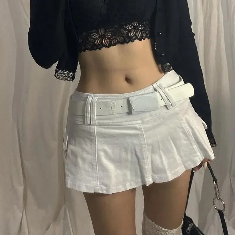 Folds Skirt Women Solid Pleated Denim Skirts Sexy Skirt Above Mini Zipper Fly High Waist Washed Distressed Loose Streetwear