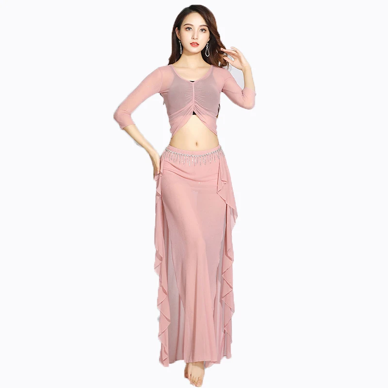 New Women Mesh Slimming Dance Performance Adult Practice Suit Oriental Dance Training Practice Outfit Dancewear Pink Set S-XXXL