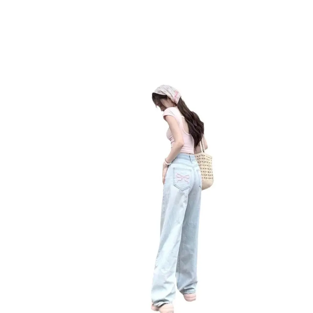 

Женские летние потертые джинсы с высокой талией и вышивкой, светло-голубые широкие брюки, свободный прямой крой