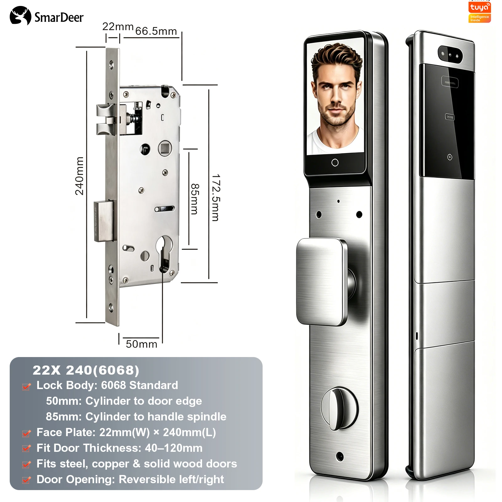 SmarDeer Smart Deurslot 3D Gezichts- en palmaderherkenning IP66 Waterdicht Ultradun elektronisch slot voor huisbeveiliging voordeur