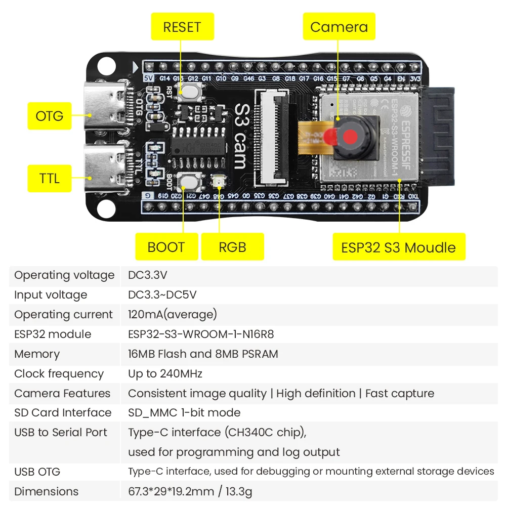ESP32-S3 CAM Board N16R8 OV3660 with Type-C USB/S3 Sensor Shield Expansion Board for Arduino IoT DIY AI Face Recognition