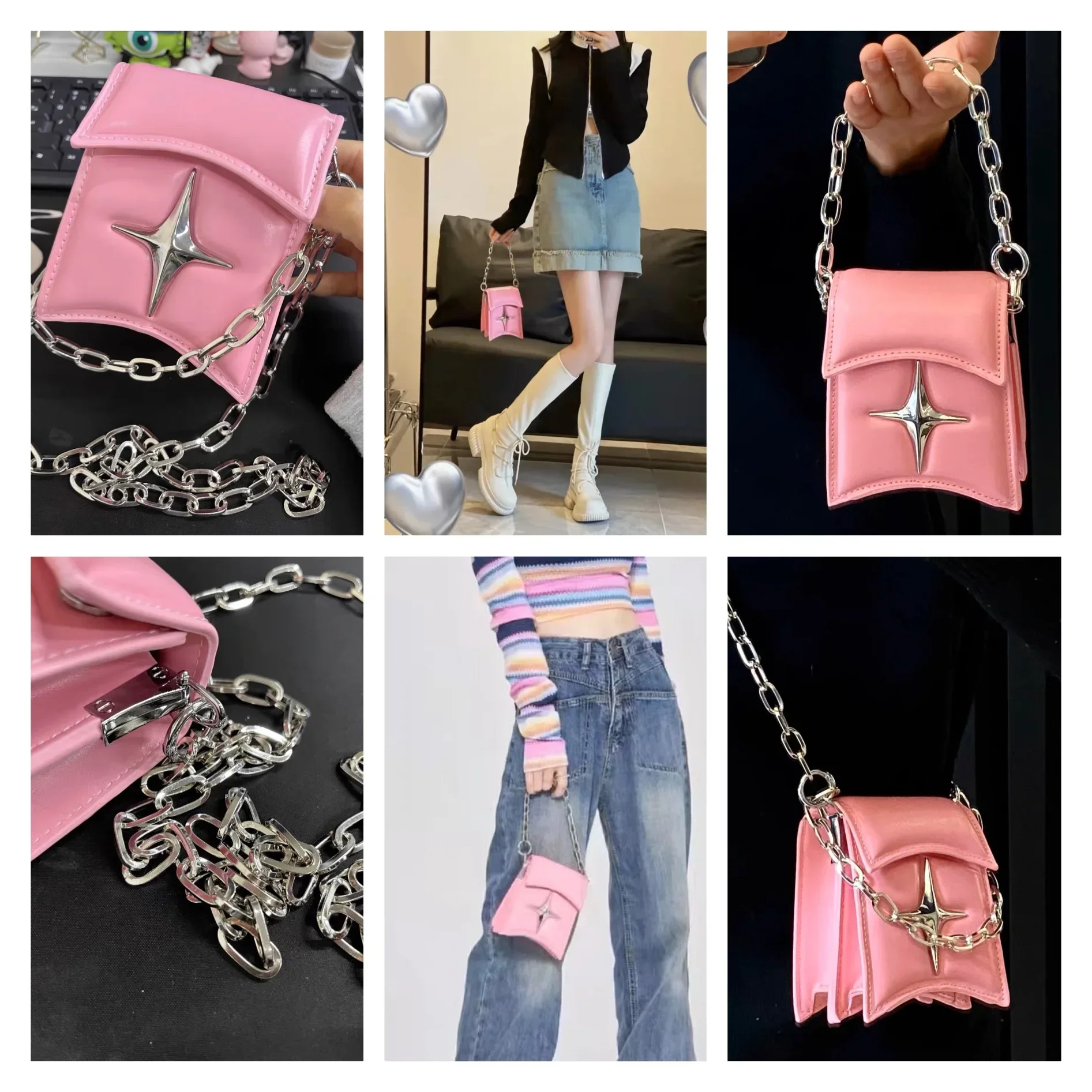 Y2K Vintage Korean Small Chain Shoulder Bag Flap Clutch Purse Handbags Pink PU Leather Gothic Cross Girls Crossbody Ladies Bags