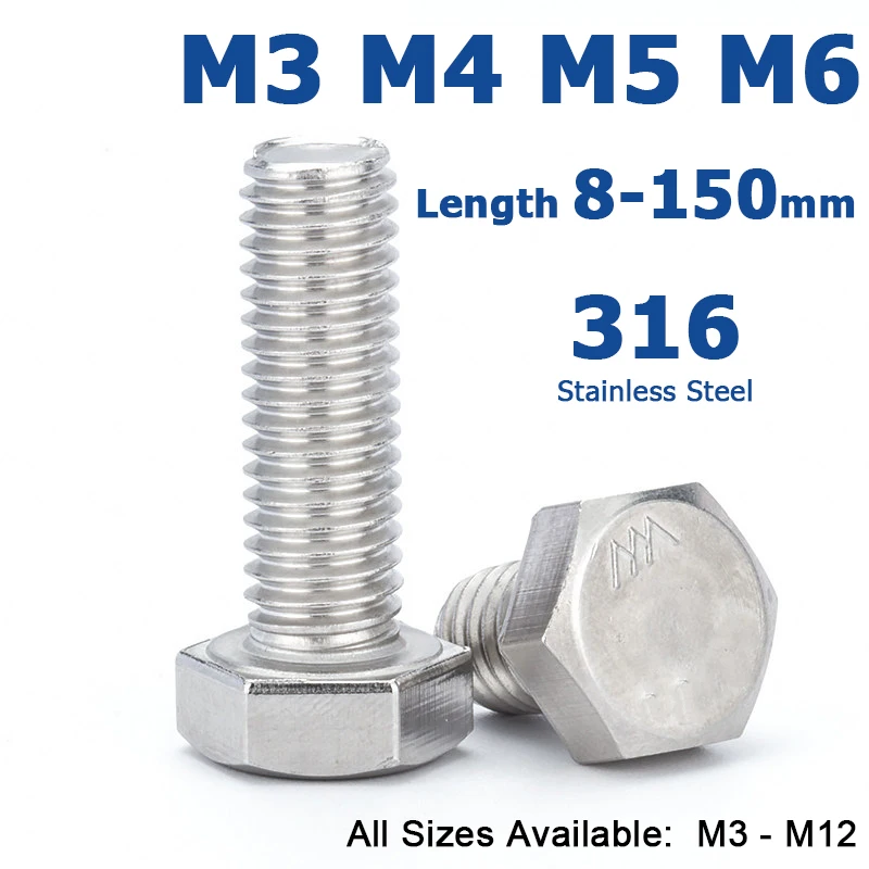 5/10/30pc DIN933 Full Threaded Hex Head Screws M3 M4 M5 M6 316 Stainless Steel External Hexagon Bolts Metric Fasteners L=8-150mm
