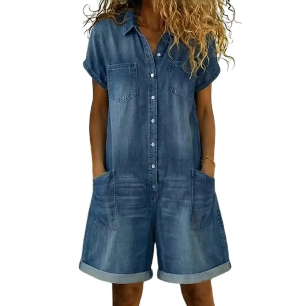 

Джинсовый комбинезон для женщин, летний, с коротким рукавом, на пуговицах, с карманами, с отворотами по низу, повседневный, цельный.