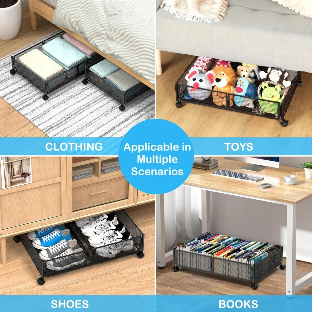 2 Pack Metal Under Bed Storage with Wheels, Foldable Underbed Shoe Storage Organizer Containers