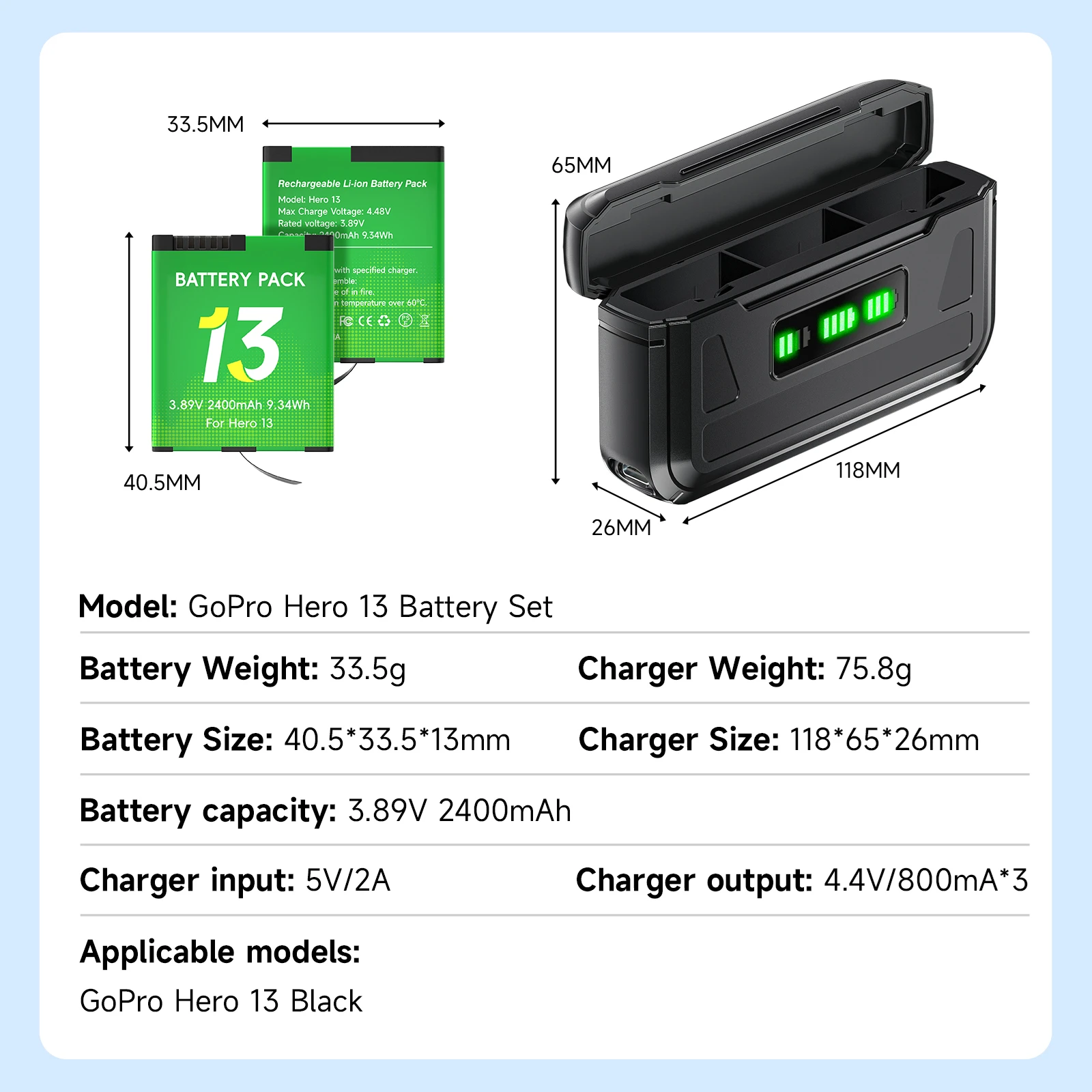 بالو 2400 مللي أمبير لبطارية GoPro Hero 13 + صندوق شاحن 3 فتحات مع منفذ Type-C لملحقات كاميرا GoPro Hero 13 الرياضية السوداء