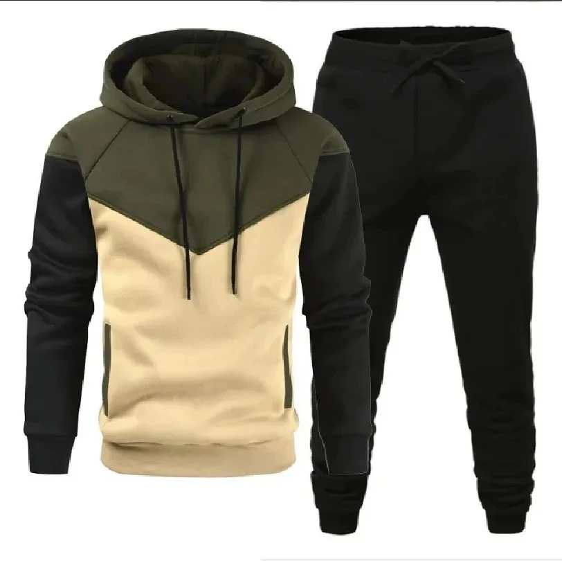 

2024 New Popular Loose Sweater Set for Men's Sweater Youth Fashion Leisure Sports Splicing Contrast Color Slim Fit Two Piece Set