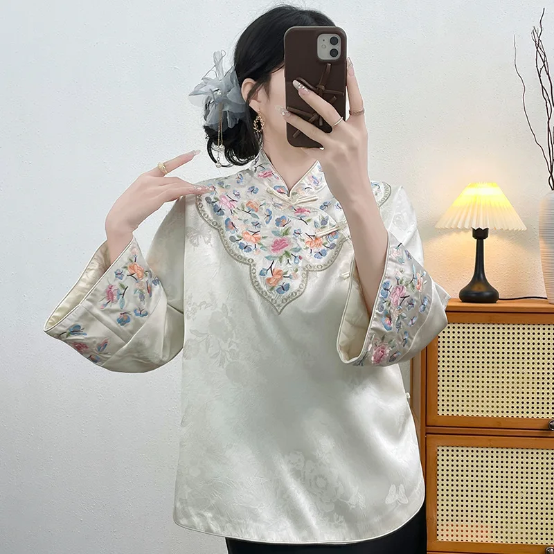 High-end Spring Chinese New Year Coat Embroidery Women Elegant Loose Acetate Coat S-XXL