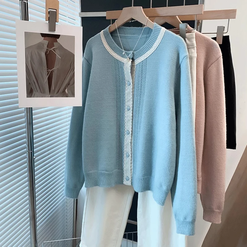 

Женский кружевной свитер с круглым вырезом, кардиган, французский темперамент, однобортная вязаная верхняя одежда, осенние нежные милые мягкие топы