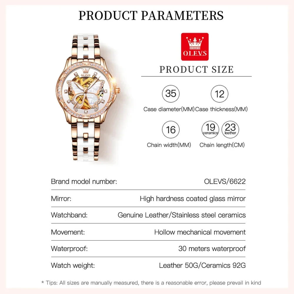 OLEVS Women Automatic Movement Watch Luxury Mechanical Ladies Wristwatch Ceramics Strap Butterfly Dial Watch for Women Gift Set