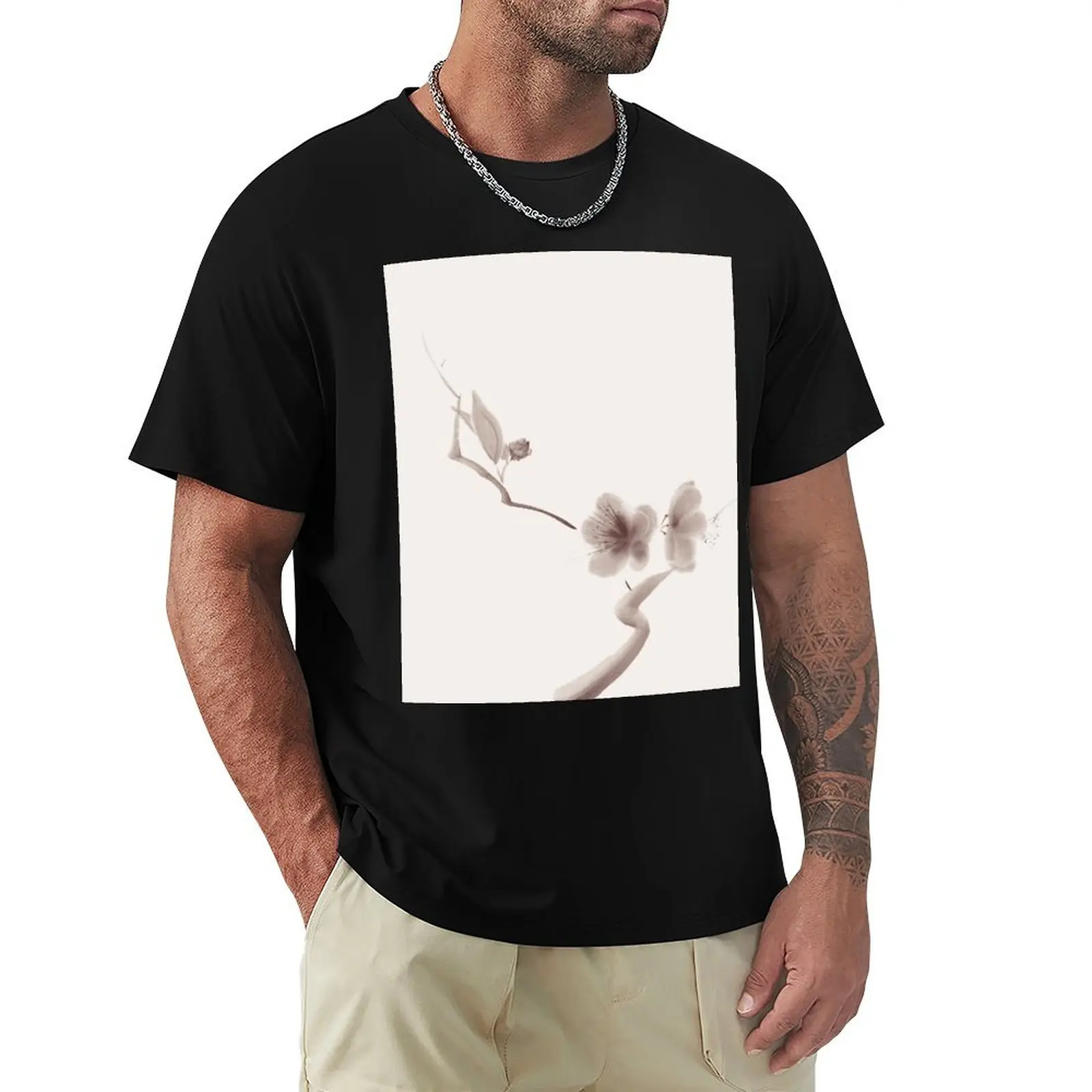 

Two sakura flowers on a branch elegant illustration on on beige background art print T-Shirt