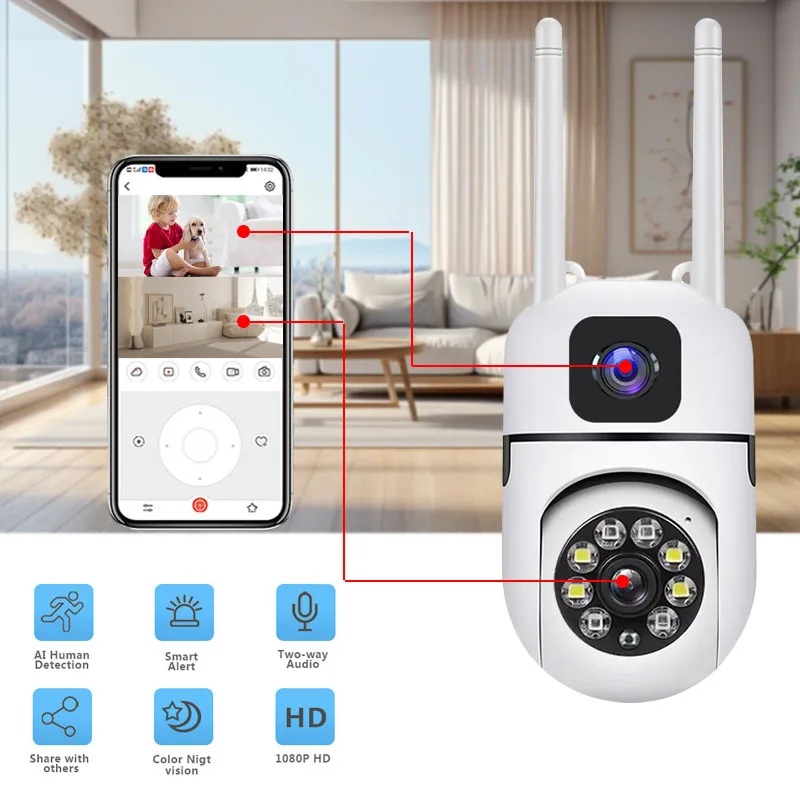 V380pro APP 4MP  Dual Lens  Wireless WIFI  IP Dome  Camera Full Color  Night Vision AI  Human Detection Video Surveillance