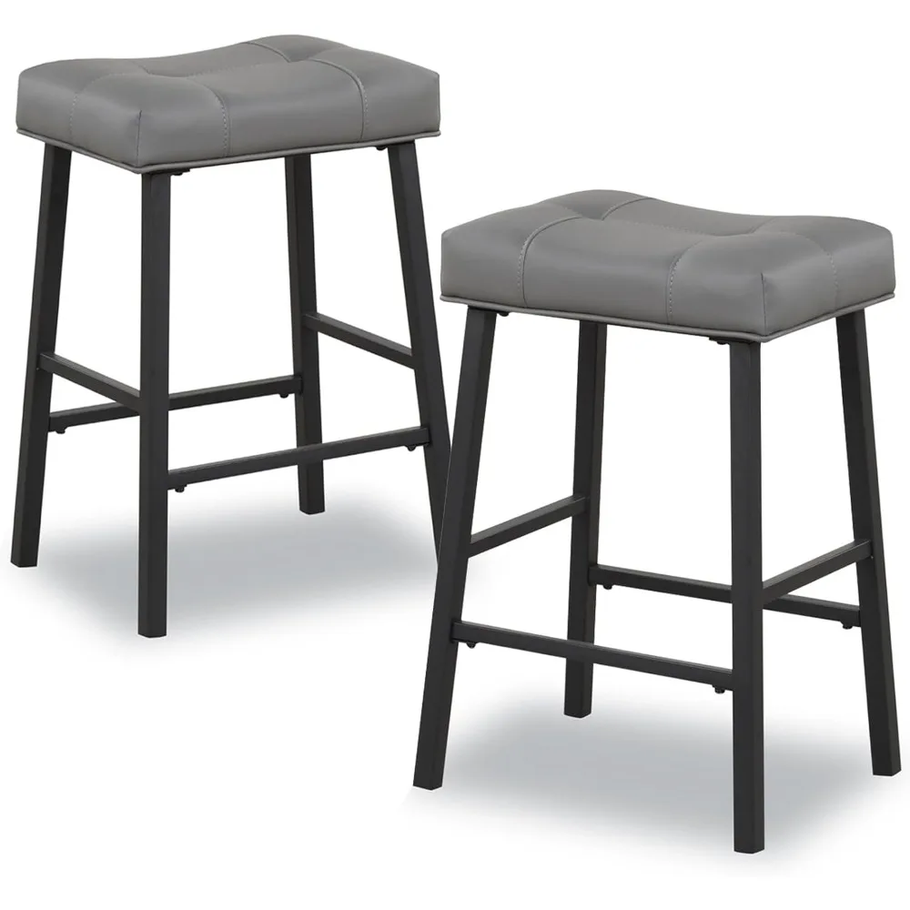 

Counter Height Bar Stools Set of 2, 24 Inch Backless Saddle Bar Stools, Upholstered Padded Gray Barstools for Kitchen Counter, H