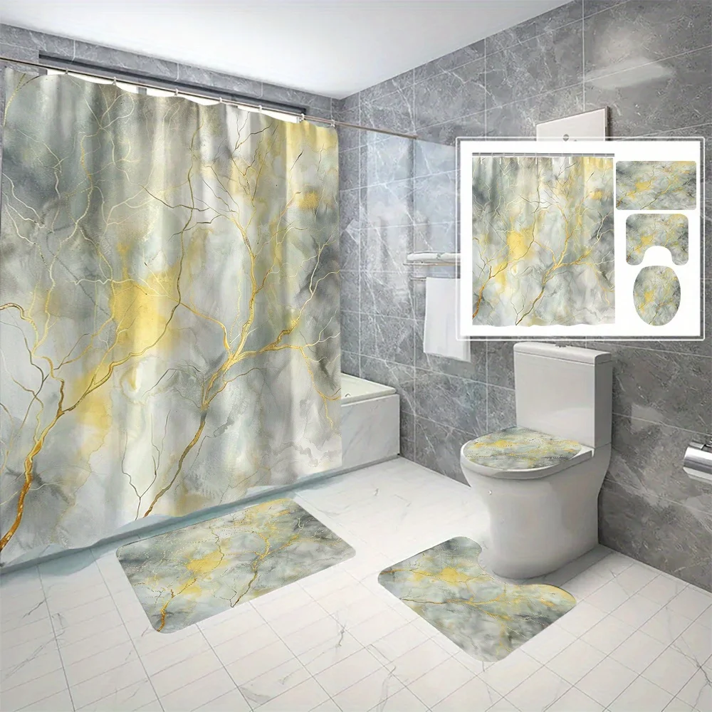 

4pcs Yellow Lightning Digital Printing Polyester High Quality Shower Curtains Hole Free Bathroom Partition Curtains