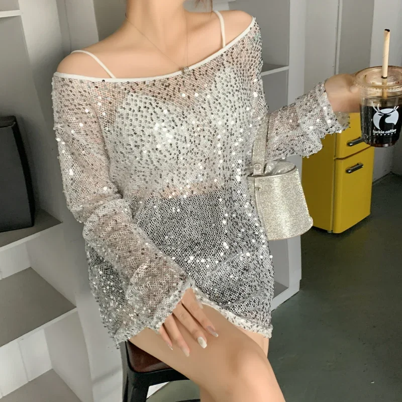 Loose Casual Blouse Women Hollow Out Sexy Perspective Silver Sequined Ladies Shirt Korean Clothes O-neck Blusas De Mujer