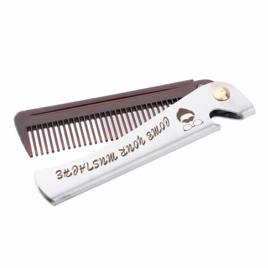 Stainless Steel Handle Folding Wooden Comb for Men Beard Mustache Shaving Shaping Grooming Pocket Travel