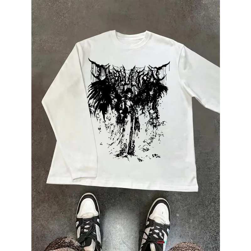 American Fashion Street Printed Men's Dark Aesthetic Y2K T-shirt Suitable for All Seasons Unisex Long Sleeved T-shirt