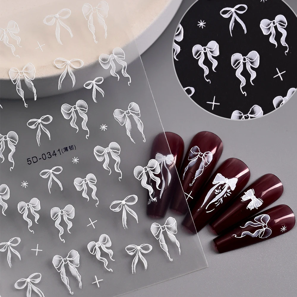 1 st Wit Zwaaien Lint Strik Nail Art Sticker 3D Zelfklevende Bowtie Vlinder Decals Nail Art Decoratie DIY Manicure Tool