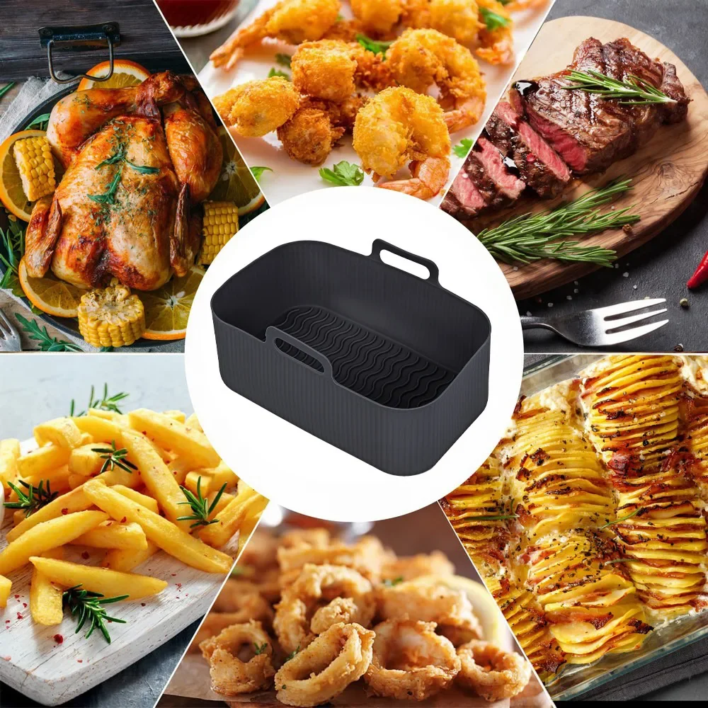 2pc/1pc Air Friteuse Silikon Tablett Rechteck Ofen Backen Korb Wiederverwendbare Liner Einsatz Gericht Gebratenes Huhn für Airfryer Zubehör – Detail 14