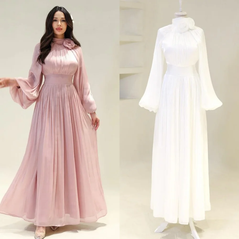 

Customized Sizes Available Retro Chiffon Pleat Draped Handmade Flower A-line High Collar Long Dresses Bespoke Occasion Dresses