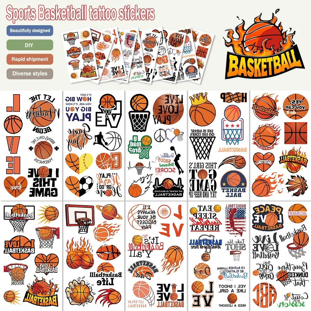 

10pcs/set Basketball Themed Tattoo Stickers Basketball game sports body decoration creative temporary tattoo stickers