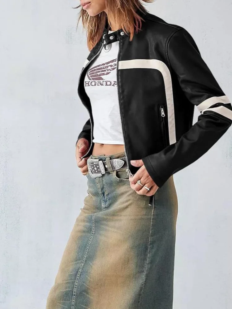 Giacca corta da donna in pelle corta a contrasto chic Moda girocollo manica intera tasca con cerniera giacche corte 2026 Cappotto da pendolarismo quotidiano da donna