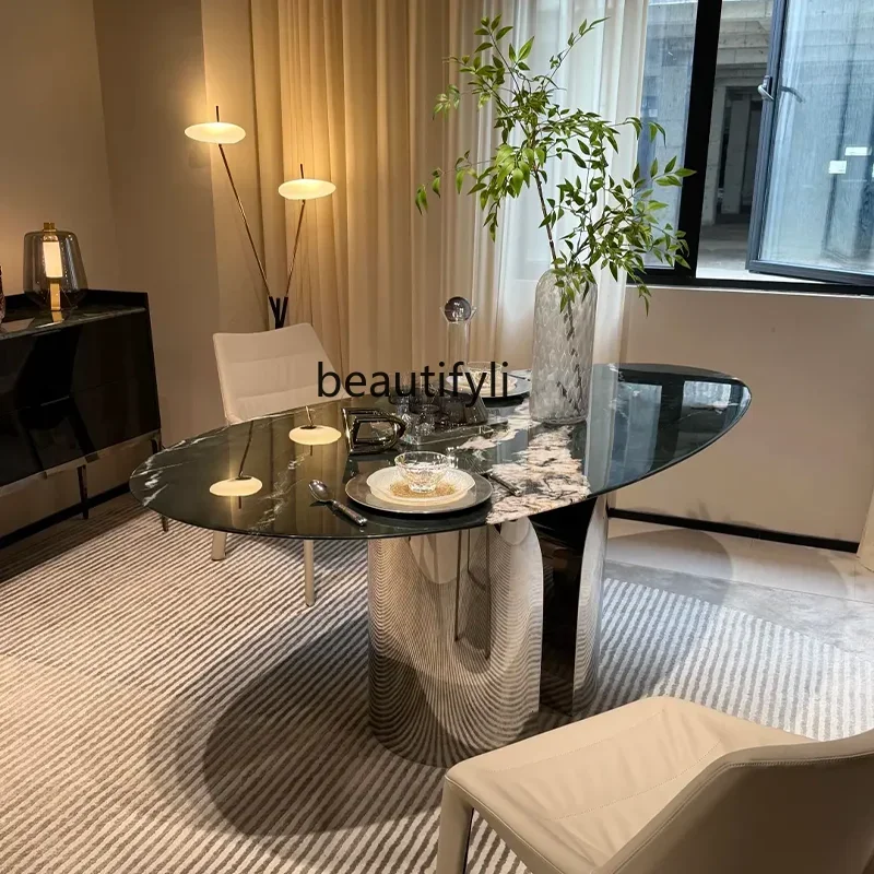 

Natural Mica Green Luxury Stone Dining Table Water Drop Oval, Green Dining Table, Green Marble Dining Table