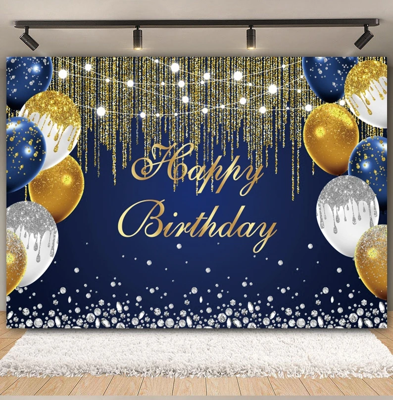 Blue Glitter Balloon Birthday Backdrop Sliver and Golden Flash Women Men Girls Birthday Party Cake Smash Photography Background