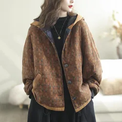 2023 Autumn Winter New Arts Style Women Long Sleeve Loose Quilted Warm Jacket Vintage Print Hooded Loose Cotton Coat P542