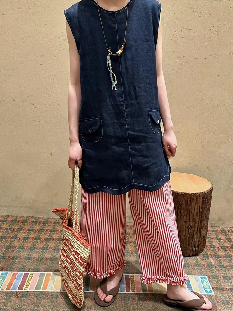 

Летний винтажный женский синий льняной жилет средней длины с рюшами для полных женщин: комфортный, дышащий, повседневный, модный