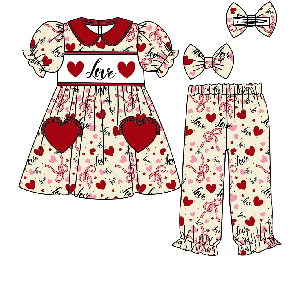 

Valentine's Day Red Heart Bow Letter Print Girls' Short-Sleeve Top And Pants Set Milk Silk Material Boutique Set