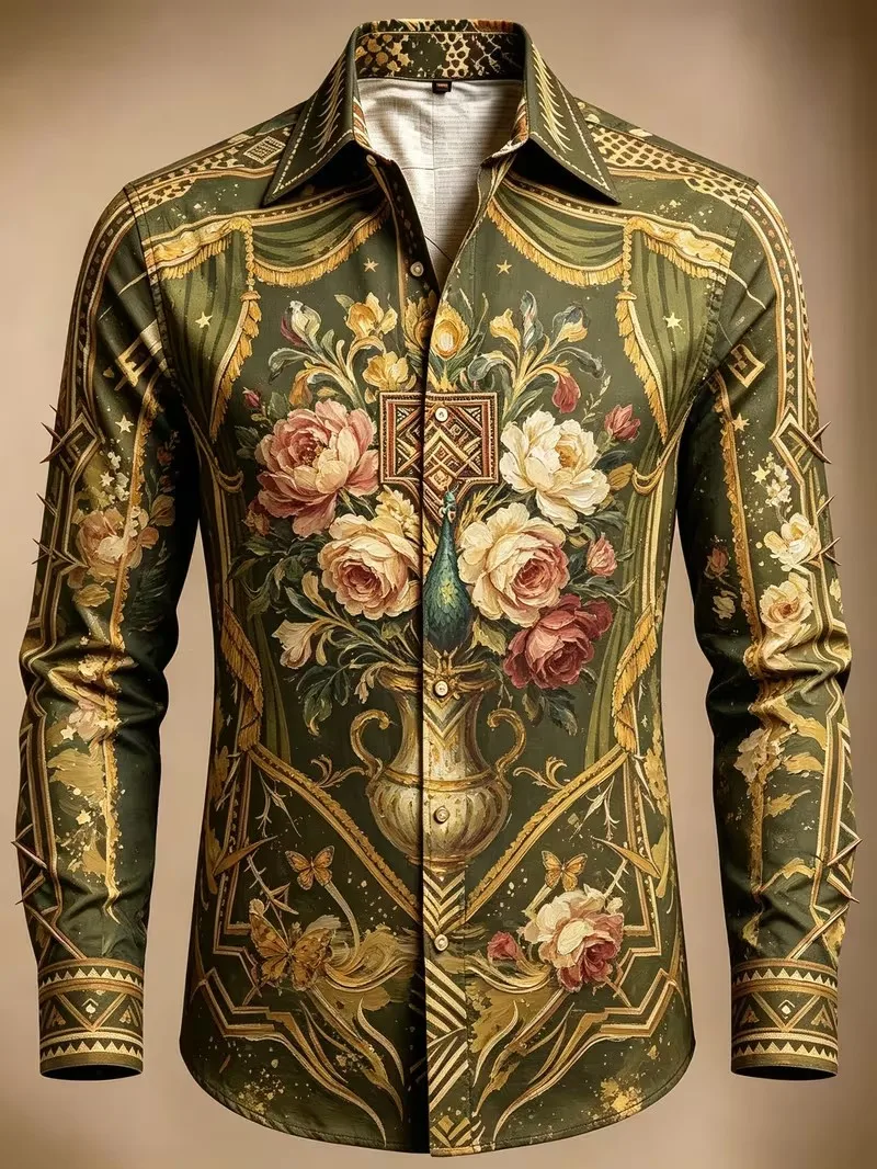 New dark green gold framed vase flower oil painting style long sleeved shirt retro court men's party shirt
