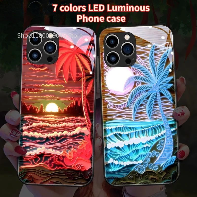 

Coconut Tree Sound Control Luminous LED Phone Case For iPhone 15 14 13 12 11 Pro Max X XR XS 7 8 plus mini Light Up Cover Funda