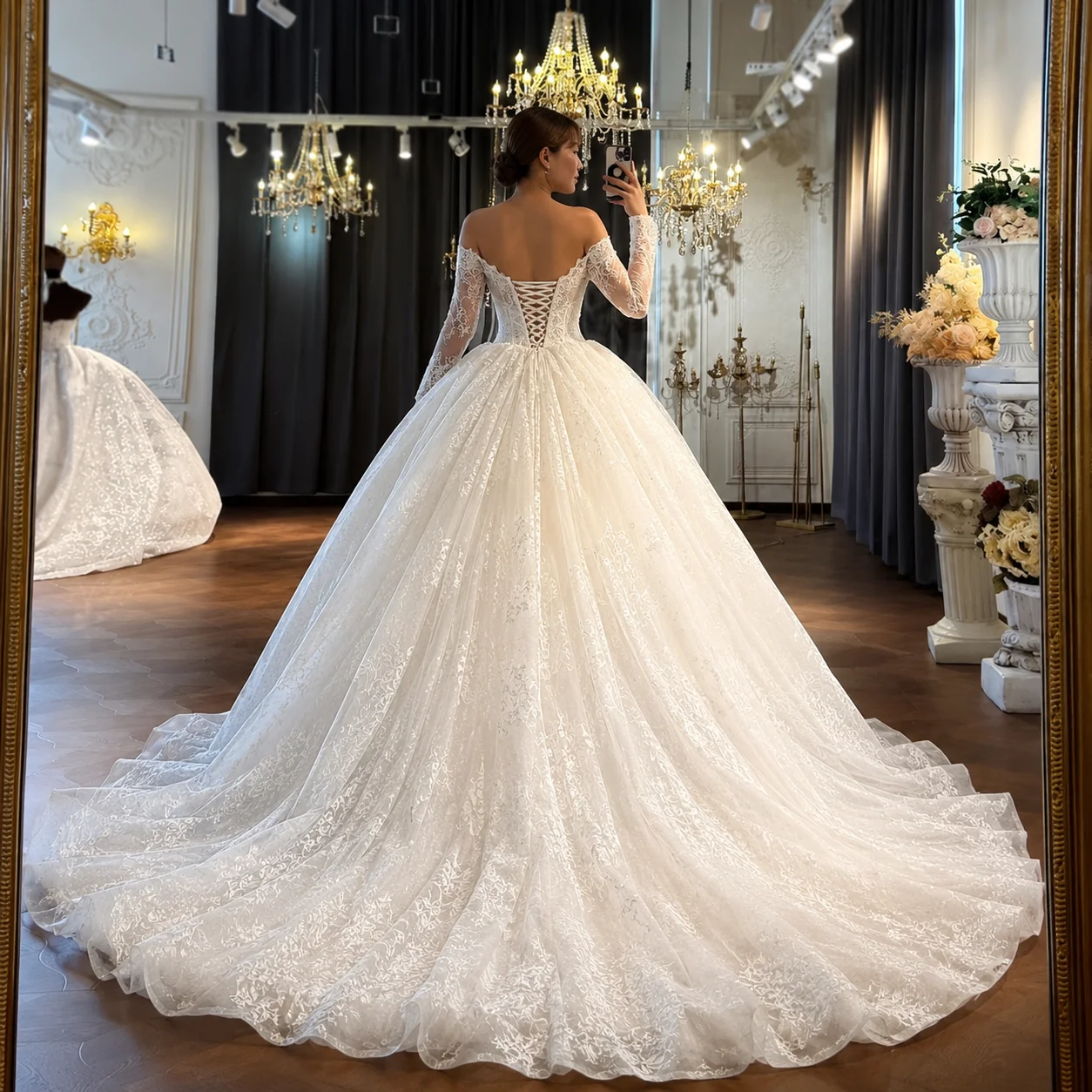 

Luxury Lace Ball Gown Wedding Dress Off Shoulder Long Sleeves Princess Bridal Gown Corset Back Custom Made Vestido D