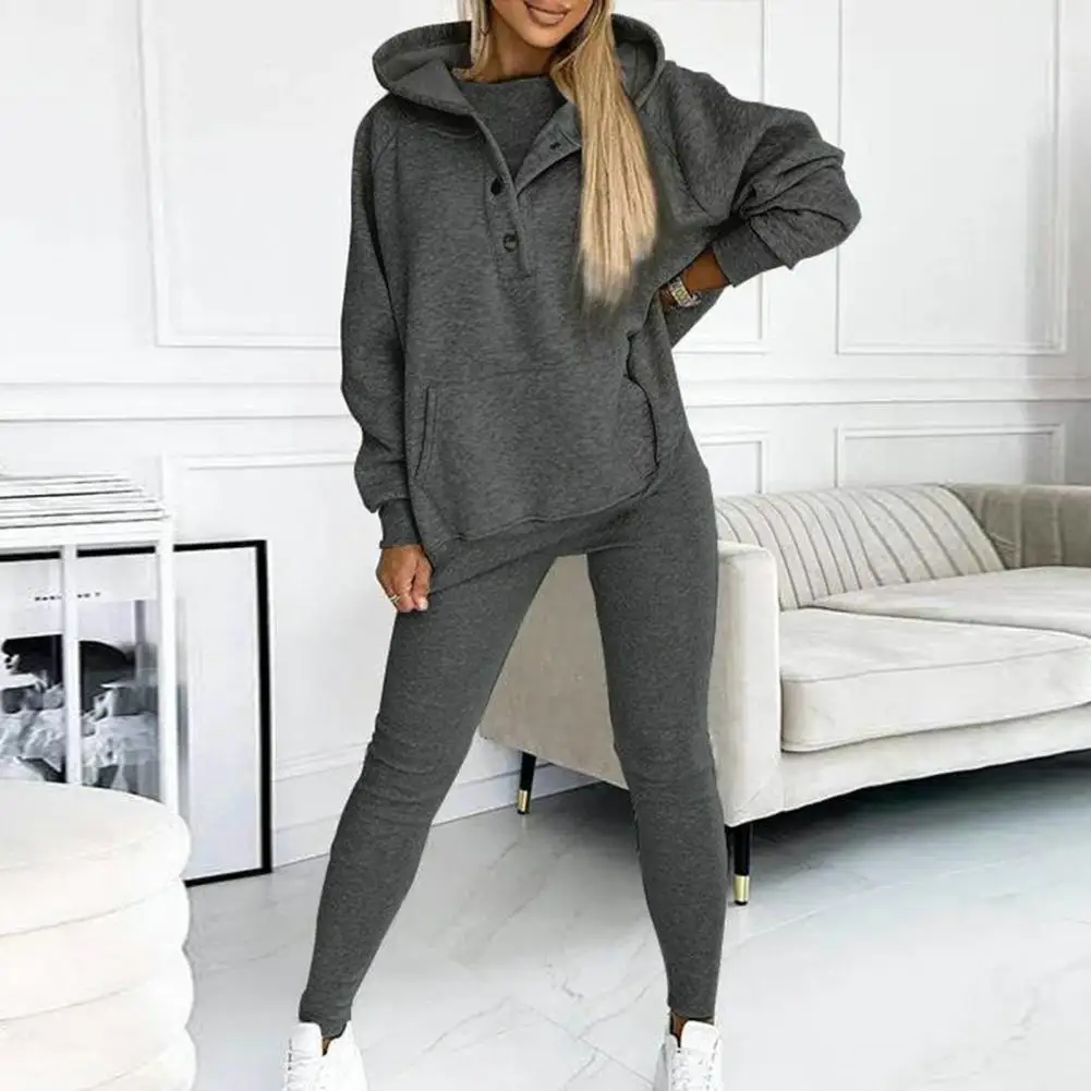 Women Hooded Suit Long-sleeve Pocket Pullove Top Women\'s 3-piece Hoodie Vest Pants Set Soft Thick Warm Elastic Waist Sports