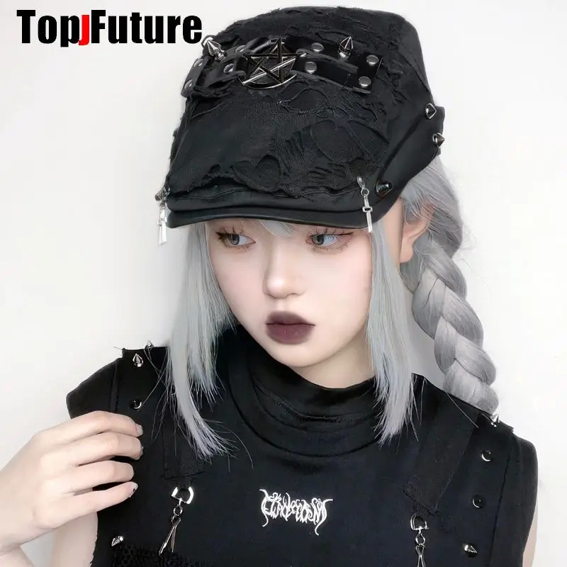 

Harajuku Gothic Lolita Hat Women Punk Subculture Spice Girl Cap Hat beggar Poor Y2K Girls Accessories Spike Streetwear Sun ha