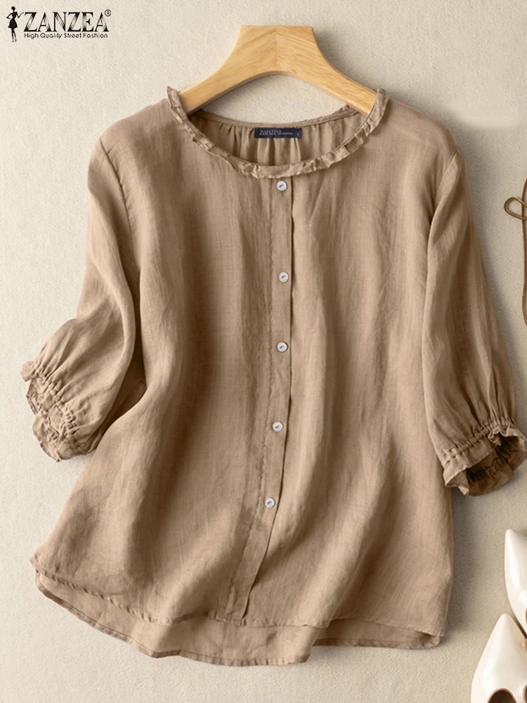 

ZANZEA Summer Fashion Blouse Women's Cotton Tops 2024 Casual O Neck 3/4 Sleeve Shirt Female Loose Work Blusas Mujer Chemise 2024