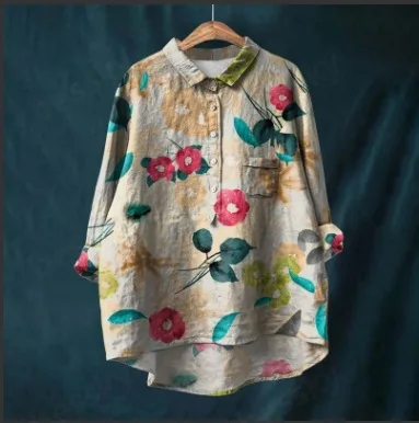 Summer 2025 Women's vintage Fish Sardines Art Print casual cotton and linen shirt, stylish out shirt