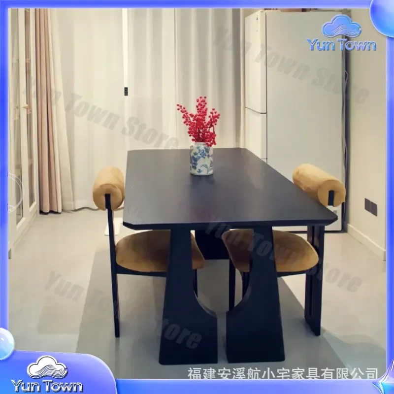 For Wabi Sansan Wind All Solid Wood Dining Table Small Apartment Medieval Style American Black Rectangular Retro Negotiation