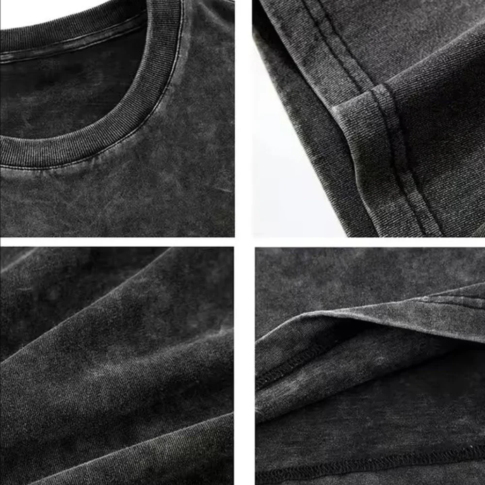 Damska koszulka z efektem sprania, koreański top, nadruk, okrągły dekolt, krótki rękaw, modna koszulka z krótkim rękawem w stylu high street.