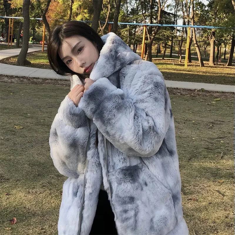 2023 Winter New Plush Lamb Hair Top Thickened Plush Faux Rex Rabbit Hair Mid length Tie Dyed Hooded Fur Coat for Women Commuting