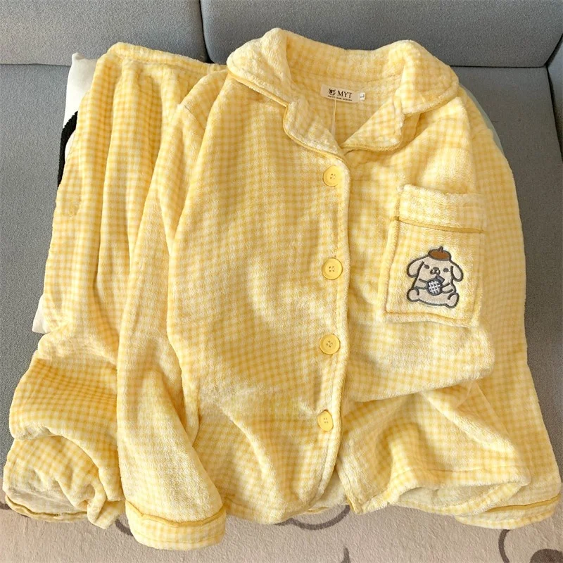 Thickened Fleece Plaid Sleepwear Women's Cartoon Cute Pudding Dog Casual Home Clothes Long Sleeve Button up Home Suit