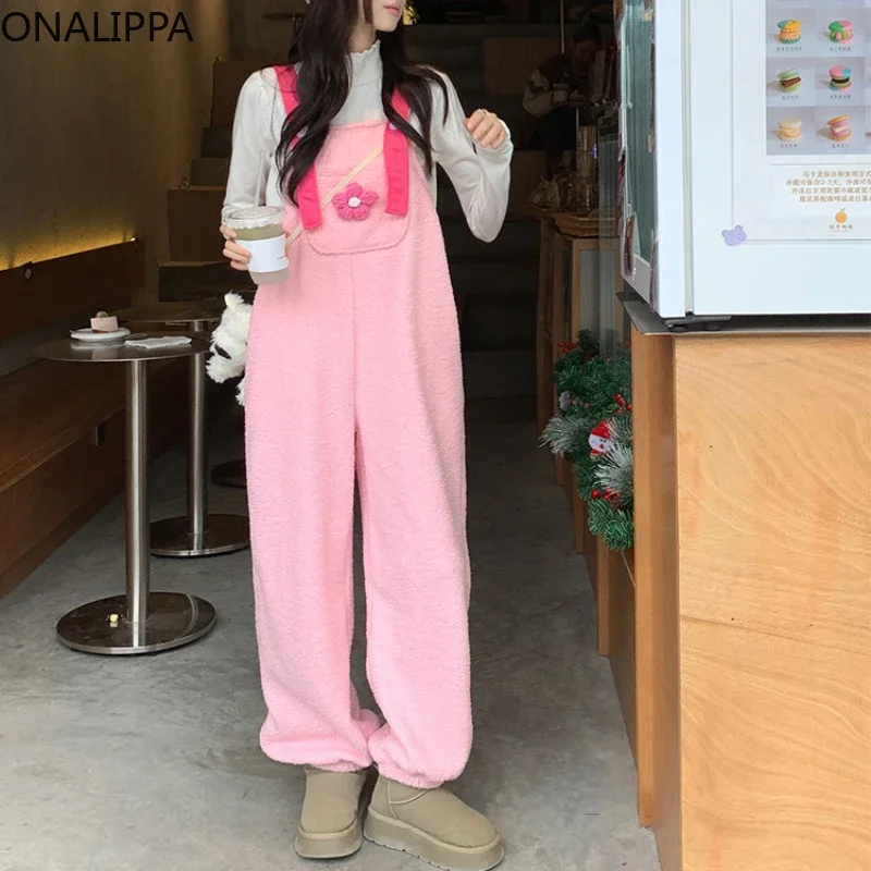 Onalippa Sheep Curly Hair Kawaii Overalls for Women Button Fly Wide Legs Pink Jumpsuits Korean Three Dimensional Flower Jumpsuit