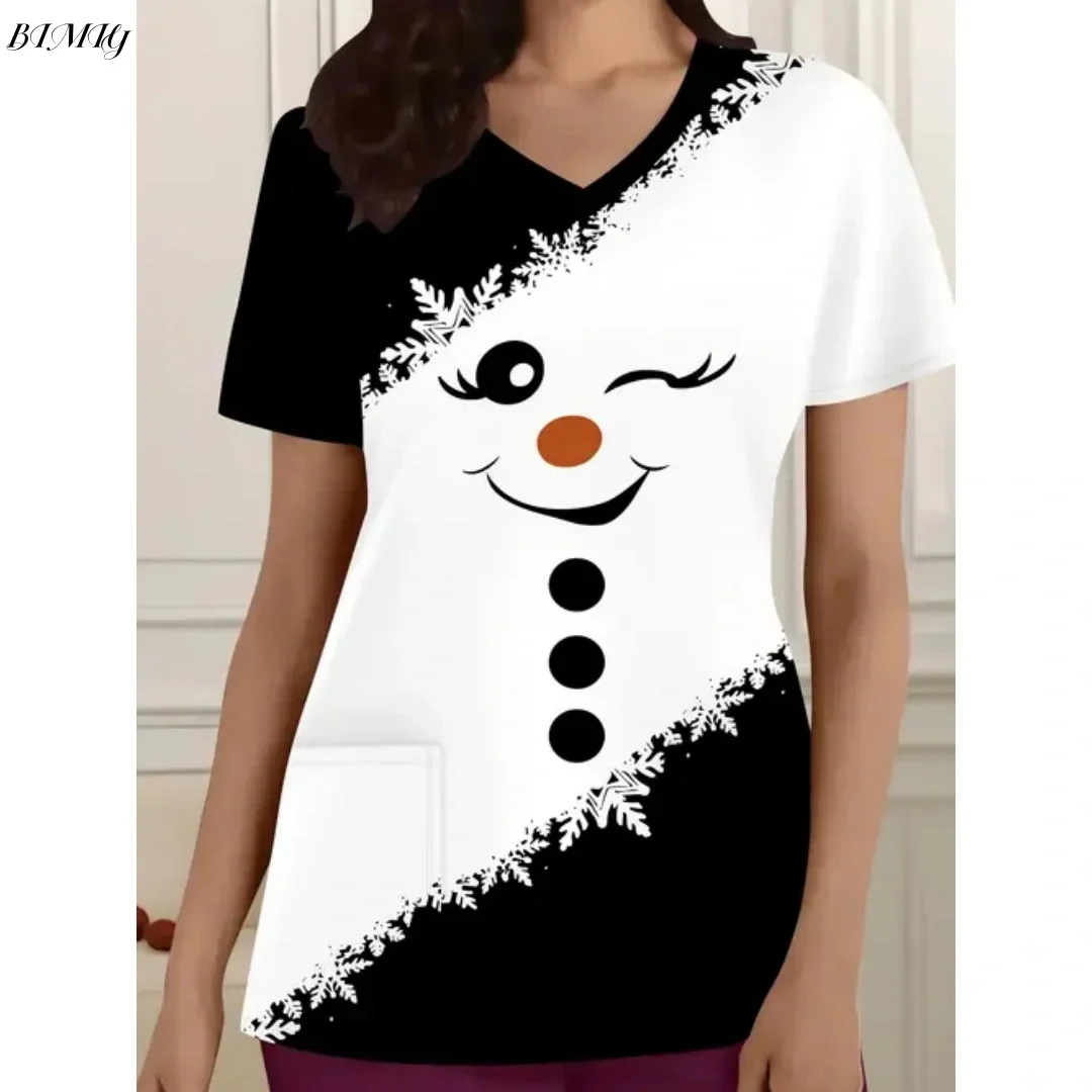 Праздничный рождественский уродливый топ с v-образным вырезом и карманами с принтом Санта-Клауса, удобная женская униформа медсестры, женская одежда с короткими рукавами