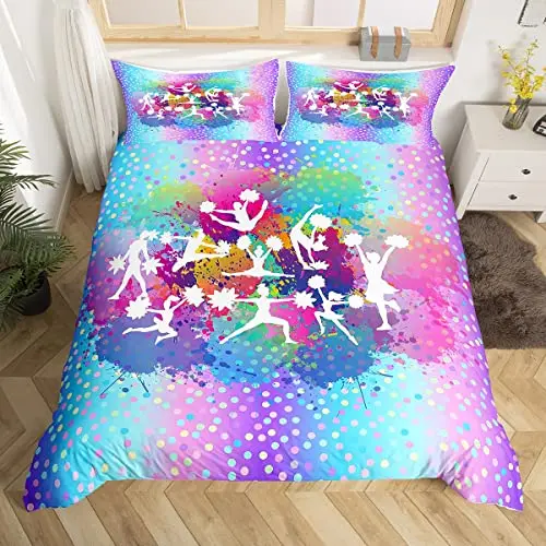 

Cheerleading Girls Duvet Cover Sets Full Size,Gymnastics Dancing Lovers Bedding Set for Teen Room Decor,Watercolor Graffiti Dots