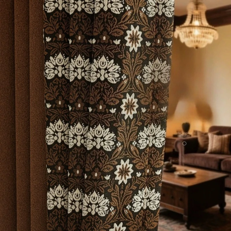 American Retro Printed Caramel Chenille Jacquard Splicing Curtains for Living Room Bedroom Partition Curtain Customization